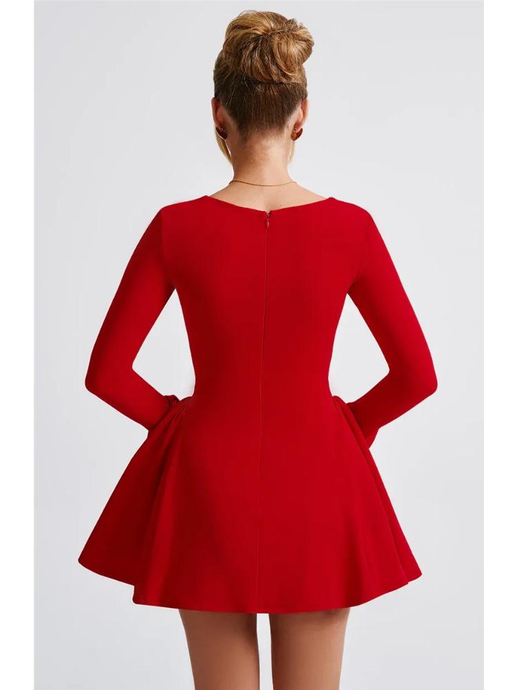 Long Sleeve A-line Sexy Mini Dress for Women Robe Autumn Fall Bow Square Collar Pleated Dress Elegant Dresses