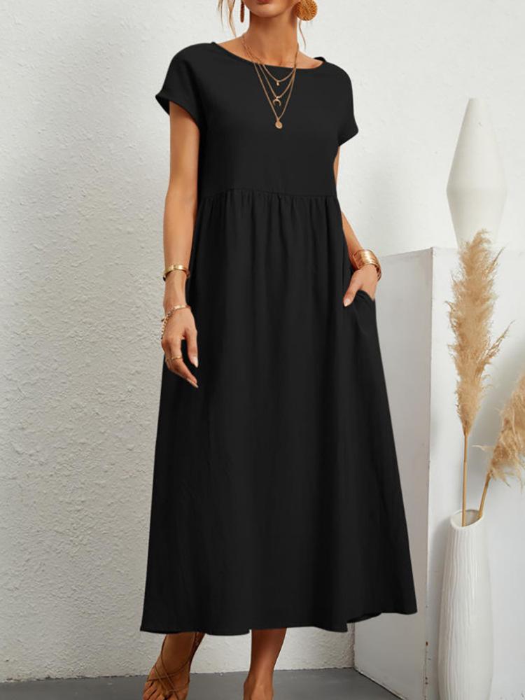 European and American Short-Sleeve Round Neck Cotton-Linen Long Dress with Pockets