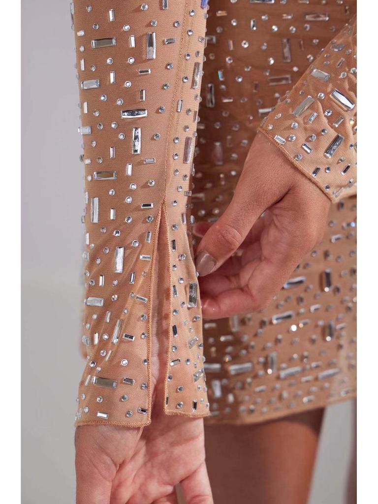 Ohpolly Luxurious Nude Rhinestone Sequin Mini Evening Dress