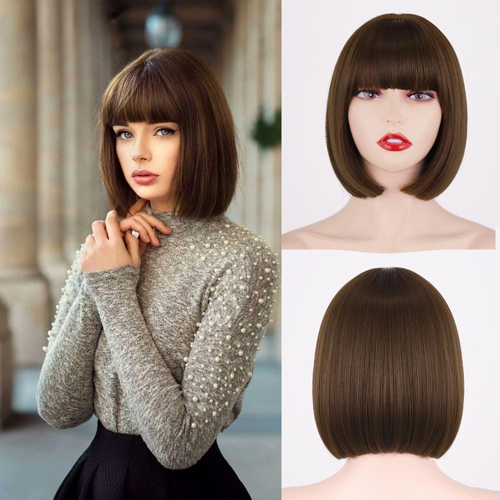 MERISIHAIR Short Bob Wig with Bangs Pure Color Black Brown Wig for Women Synthetic Wigs for Lolita Party Cosplay Daily Use