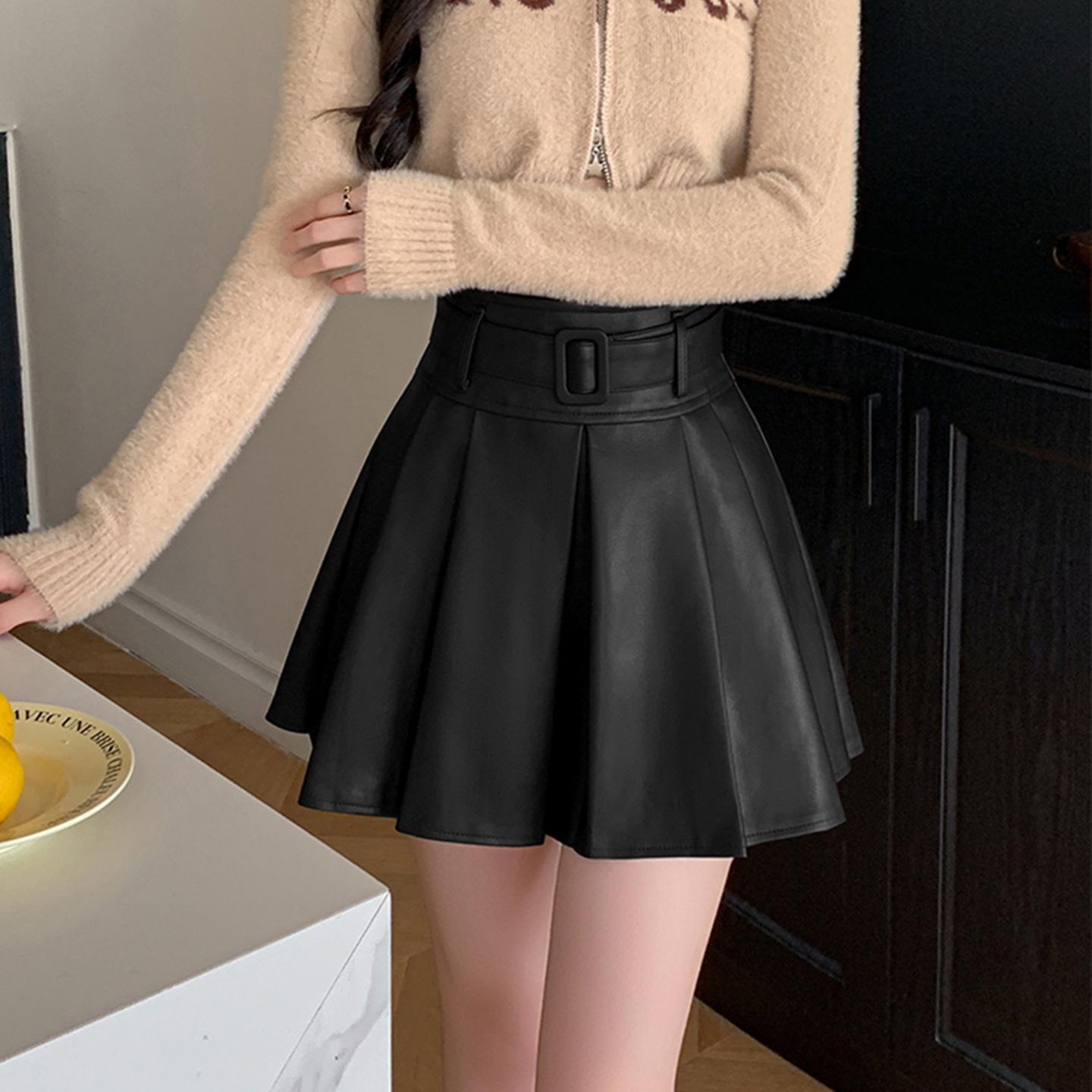 Elegant Women s Black PU Leather Pleated A-Line Skirt - High-Waisted for Autumn/Winter Collection (A9002) Large чёрный