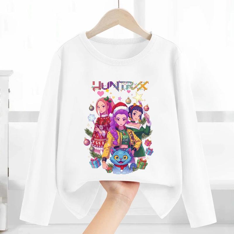 Merry Christmas Kpop Demon Hunters Print Fashion Kids T Shirt Casual Children Clothes Autumn Baby Boys Girls Long Sleeve T-shirt