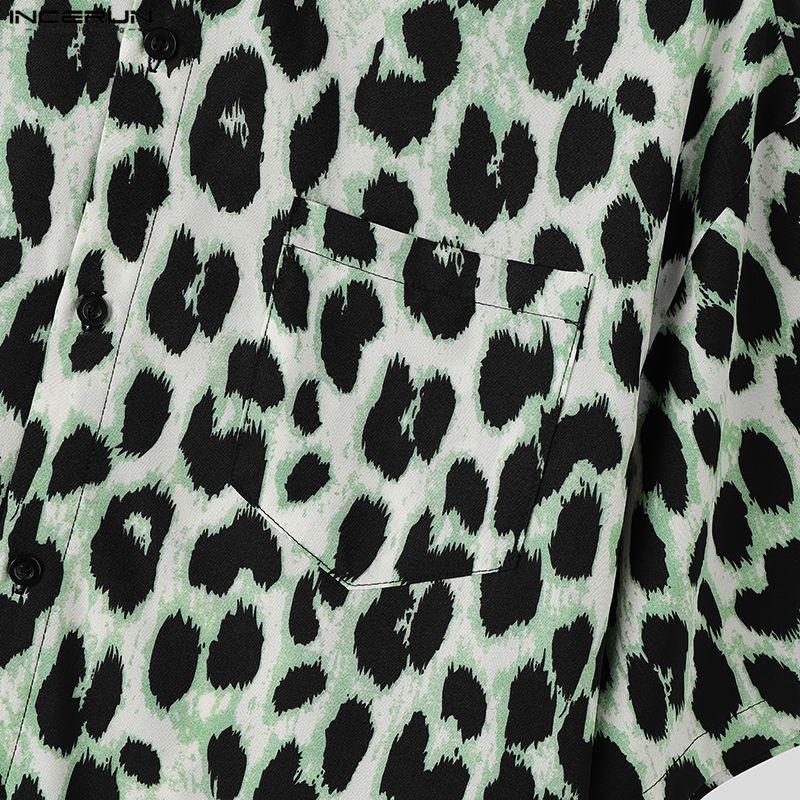 INCERUN Oversized Men's Short Sleeve Lapel Collar Button Up Leopard Print Shirts Tops