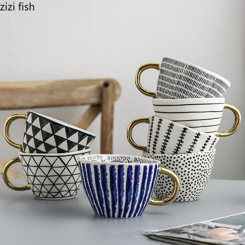 American Irregular Geometric Ceramic Coffee Cup with Gold Plated Handle Black and White Pattern Milk Tea Cup Home Accessories