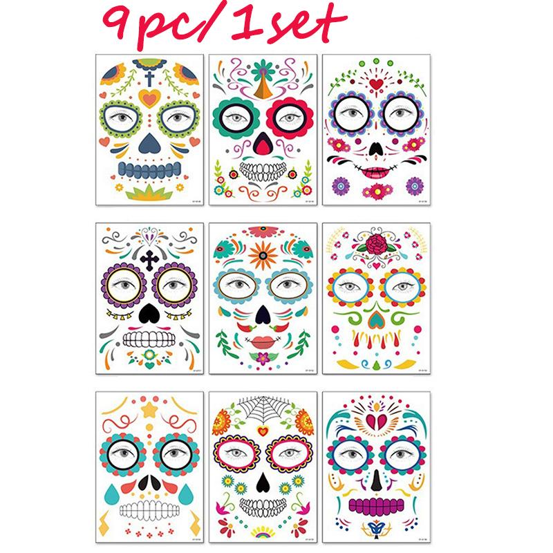 9pc/set Halloween Ghost Face Tattoo Sticker Waterproof Temporary Spooky Tattoos Dancing Party Decor Makeup Look Stickers