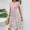 Women's Casual Fashion Belted Floral Print Short Sleeve Round Neck Elegant Dress