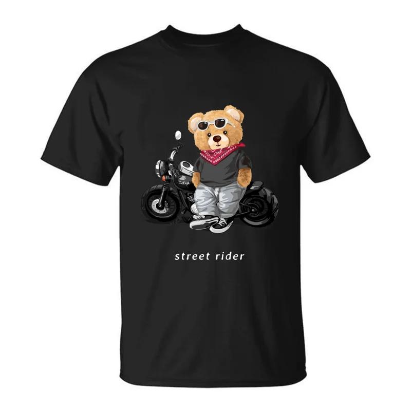 Motorcycle Lovers Street Teddy Knight Print T-Shirt Men's Loose Casual Short Sleeve Summer 100% Cotton Clothing in 2024