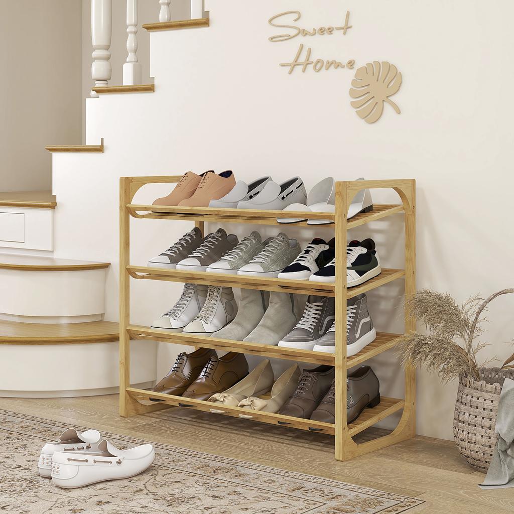 Bamboo Shoe Rack, 15.5 Cm Shelf Height, Ventilated Slat Design, 76 X 33 X 67 Cm, Natural Wood Effect