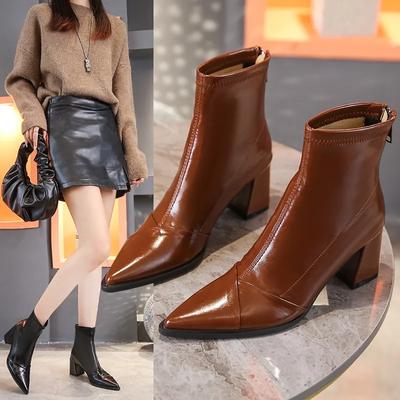 Modische Schuhe für Damen, Reißverschluss, Damenstiefel, Herbst, PU, sexy, spitze Zehenpartie, einfarbig, kurzer Schaft, klobiger Absatz, modische Stiefel