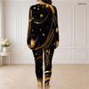 Women Plus Size Black Turquoise Gold Printed Front Zip Long Sleeve Two Piece Pants Set