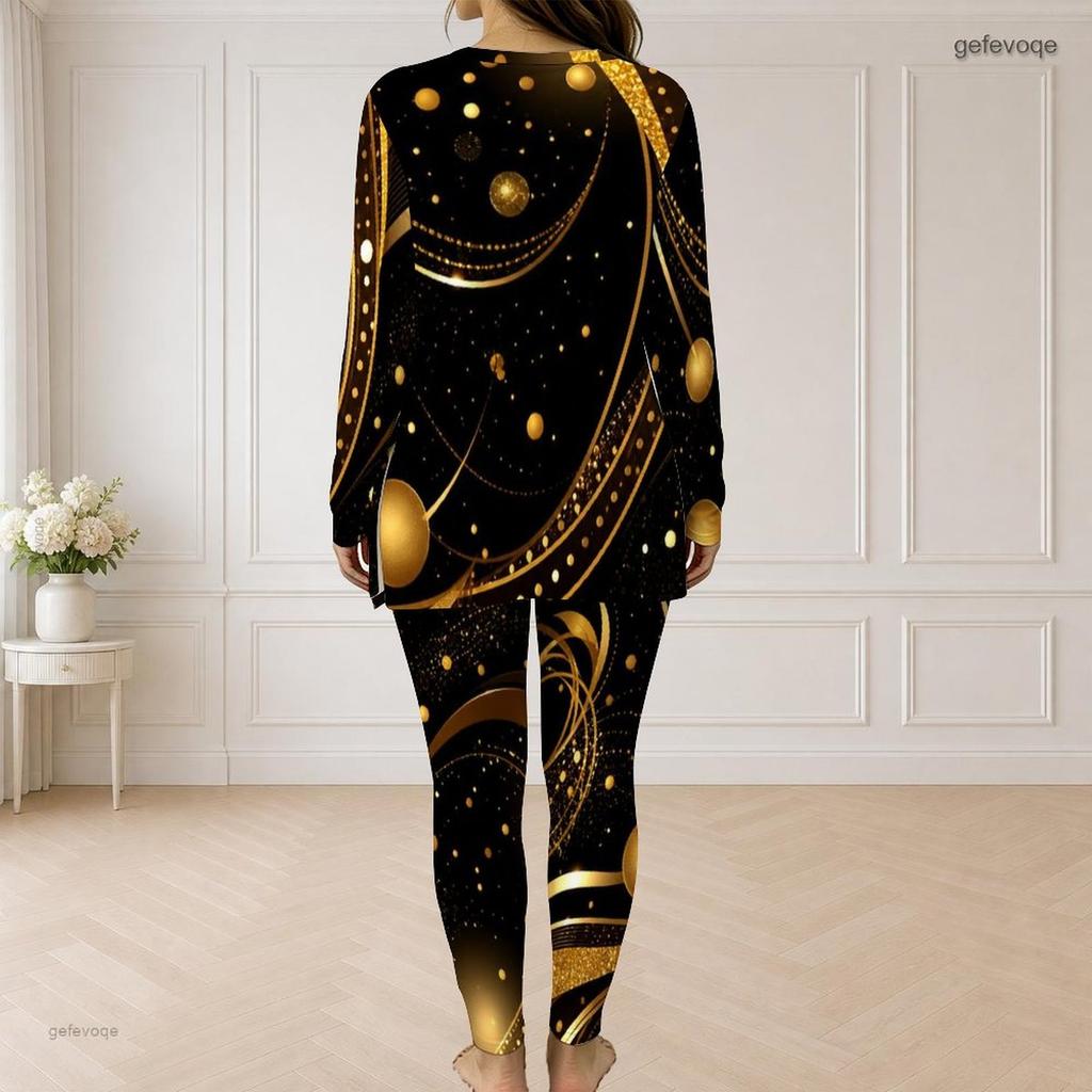 Women Plus Size Black Turquoise Gold Printed Front Zip Long Sleeve Two Piece Pants Set
