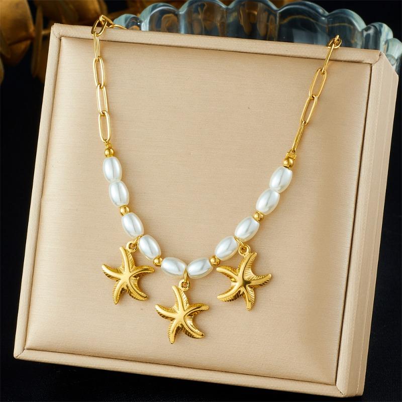 Gold Starfish Pearl Necklace Paperclip Link Chain Choker for Women Beach Theme Jewelry