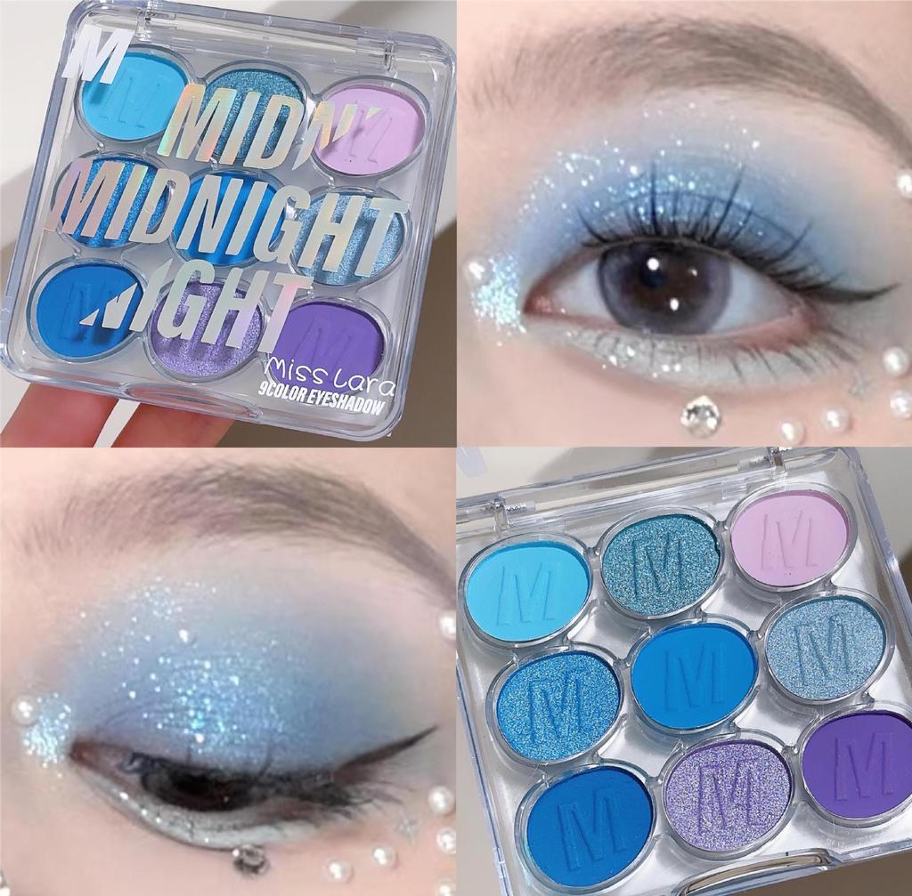 Miss Lara Shimmer Nine-Color Eyeshadow Palette: Blue, Green, Purple Glitter for European & American Stage Makeup