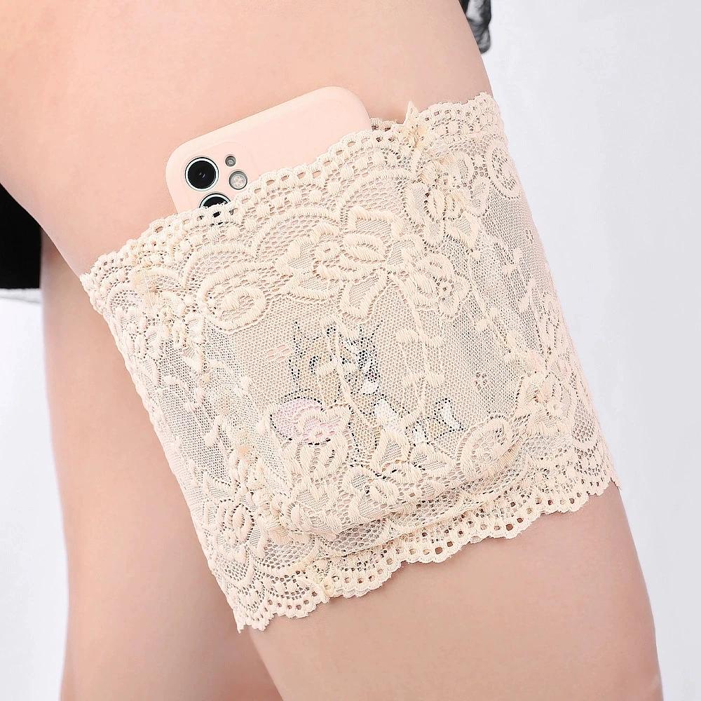 Eleganter Spitzen-Strumpfhaltergürtel für Damen, Verstellbares Kniehoch-Strumpfzubehör mit Silikon-Anti-Rutsch-Handytasche