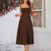 Women Sleeveless Dress Spaghetti Strap Square Neck Midi Dress Lace-Up Swing Long Dress Flowy A-Line
