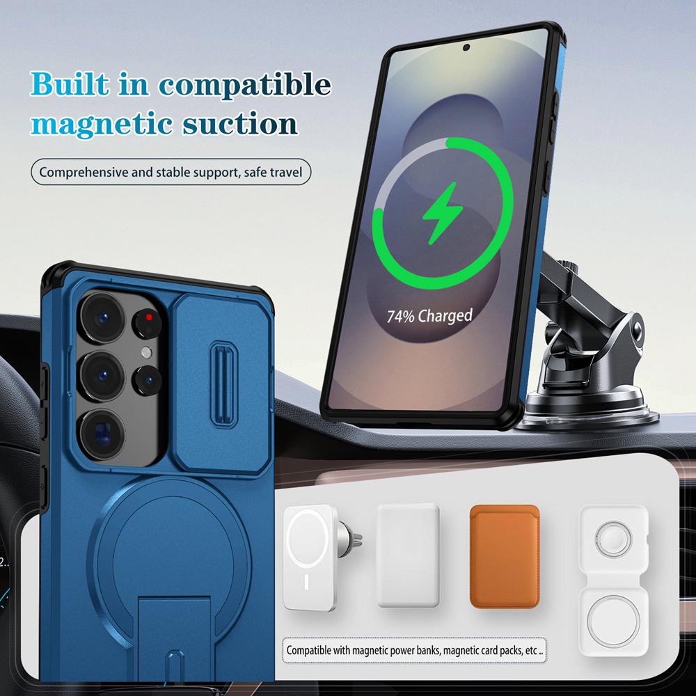 KEYSION Shockproof Magnetic Case for Samsung Galaxy S24 S25 Ultra S25+ S24 FE Slide Camera Protect Kickstand Wireless Charging Phone Cover