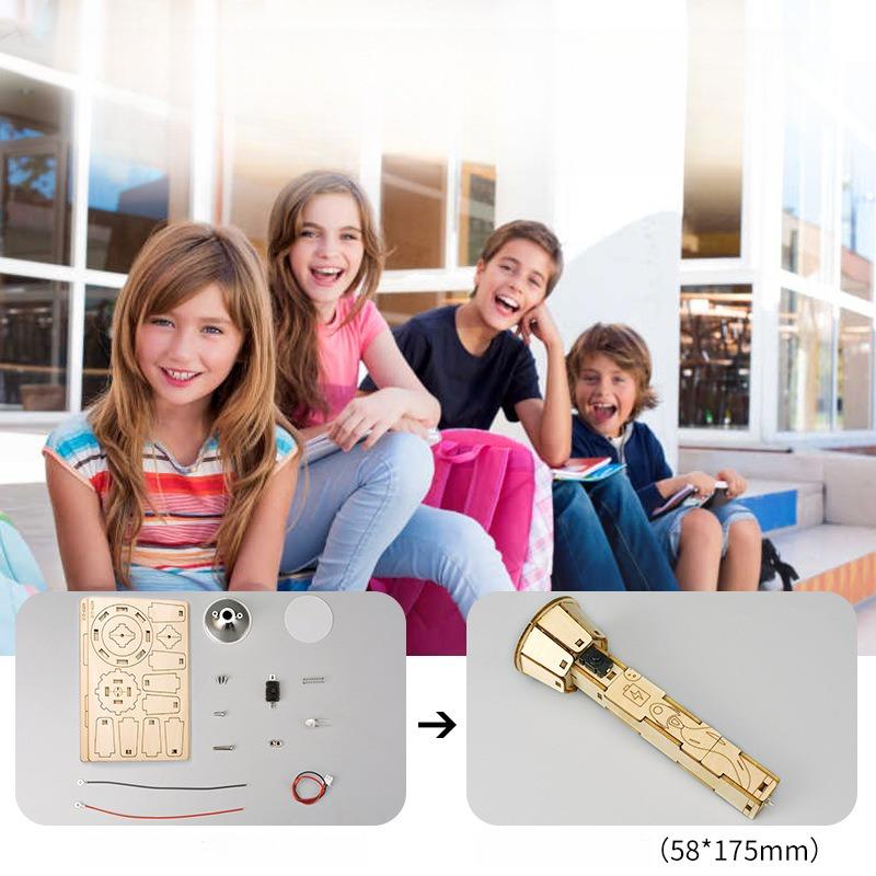 DIY Wooden Flashlight Kit Educational Physics Science Experiment Hand Assembled Electronics Project for Kids Creative Gift Toy