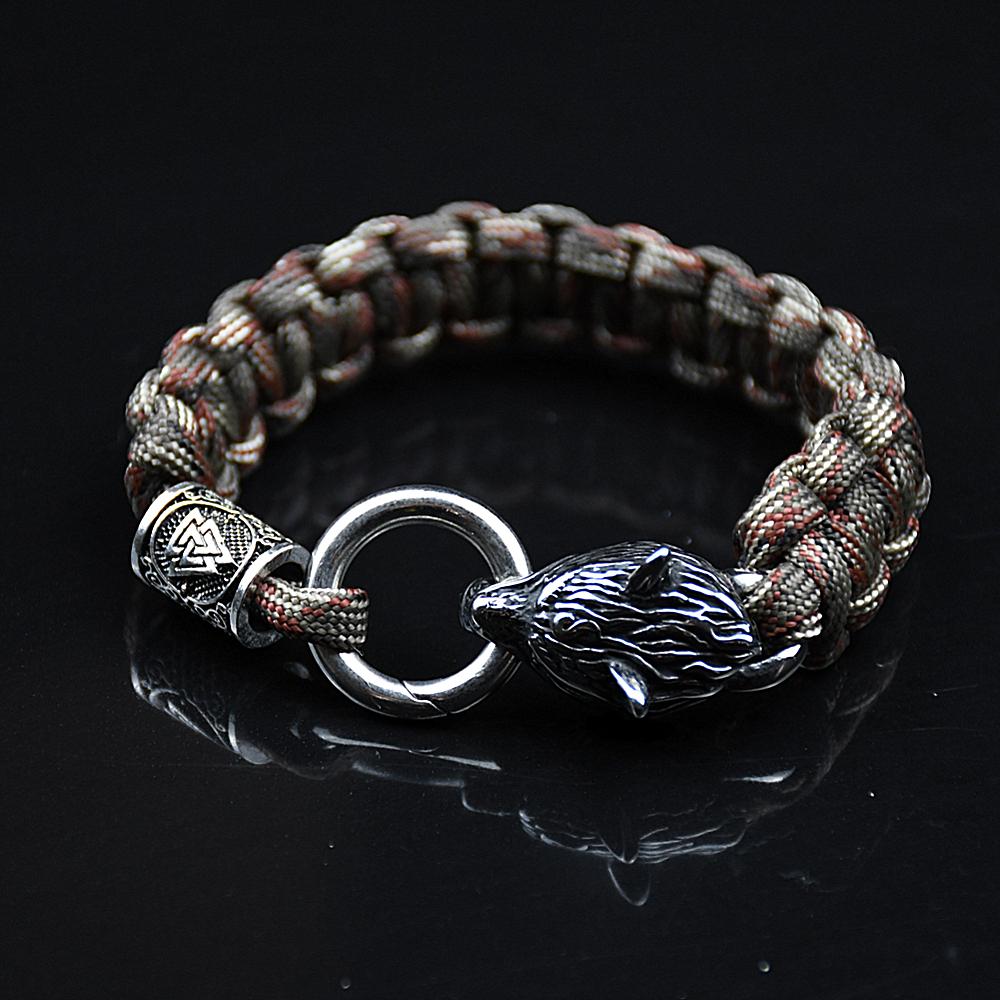 Stainless Steel Wolf Bracelets Men Norse Vikings Runes Paracord Rope Bangle Jewelry for Men
