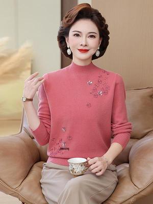 Elegant Embroidered Wool Sweater for Middle-Aged Women – Semi-High Neck, Autumn/Winter Collection