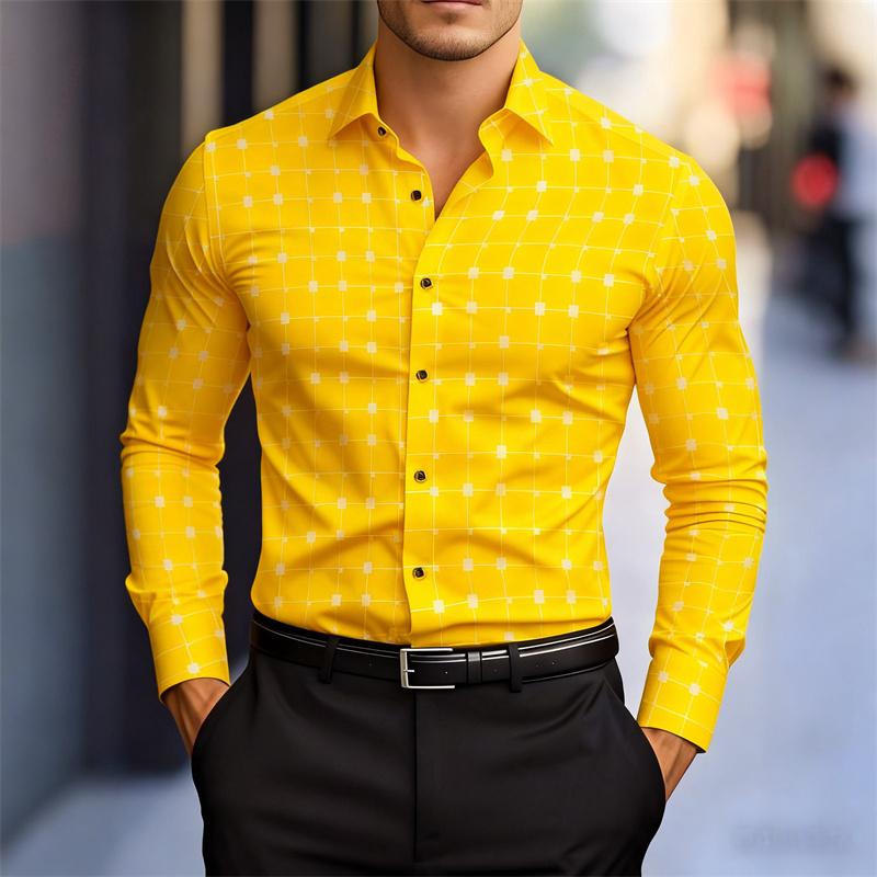 Men's Stylish Geometric Square Print Long-sleeved Shirt, Slim Fit Business Casual Shirt