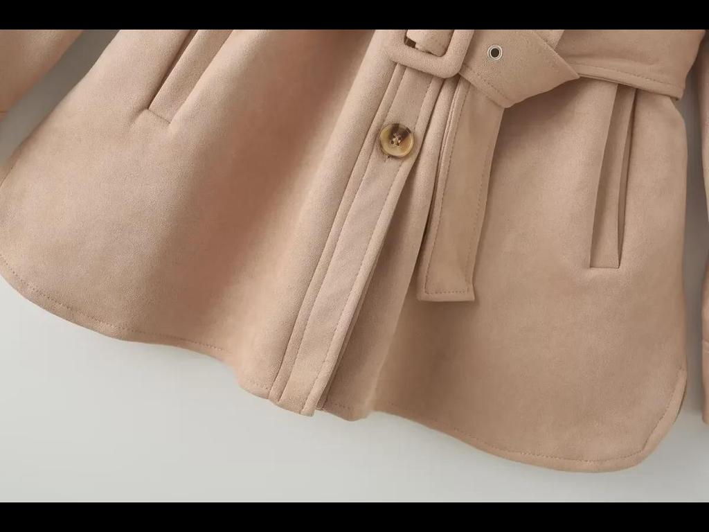 Women's Suede Lapel Jacket & Elastic Waist Straight Pants Set
