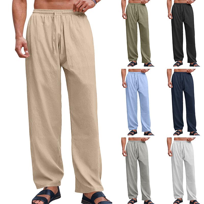 European and American Men's Linen Straight Loose Pants Solid Color Casual Lace-up Wide-leg Beach Pants