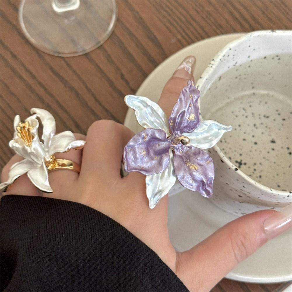 White Iris Flower Drip Oil Flower Ring Butterfly Orchid French Irregular Ring  Women