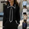 GMXIA Women's Fashion Casual Solid Color Print Long Sleeve POLO  Neck Blouses & Shirts