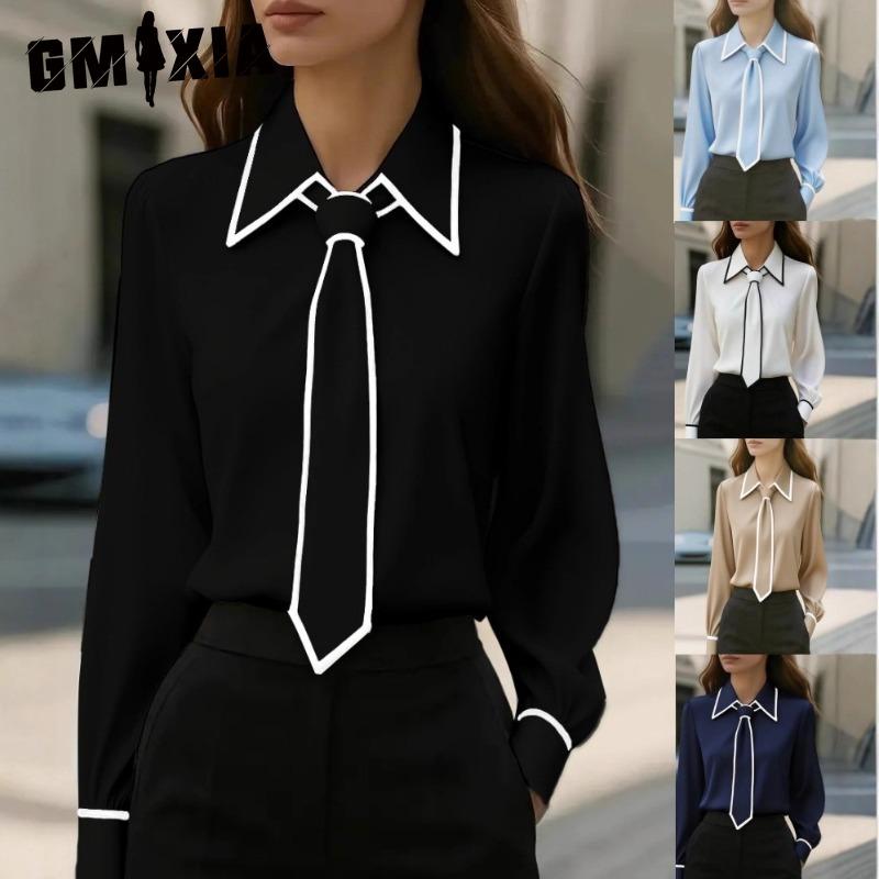 GMXIA Women's Fashion Casual Solid Color Print Long Sleeve POLO Neck Blouses & Shirts