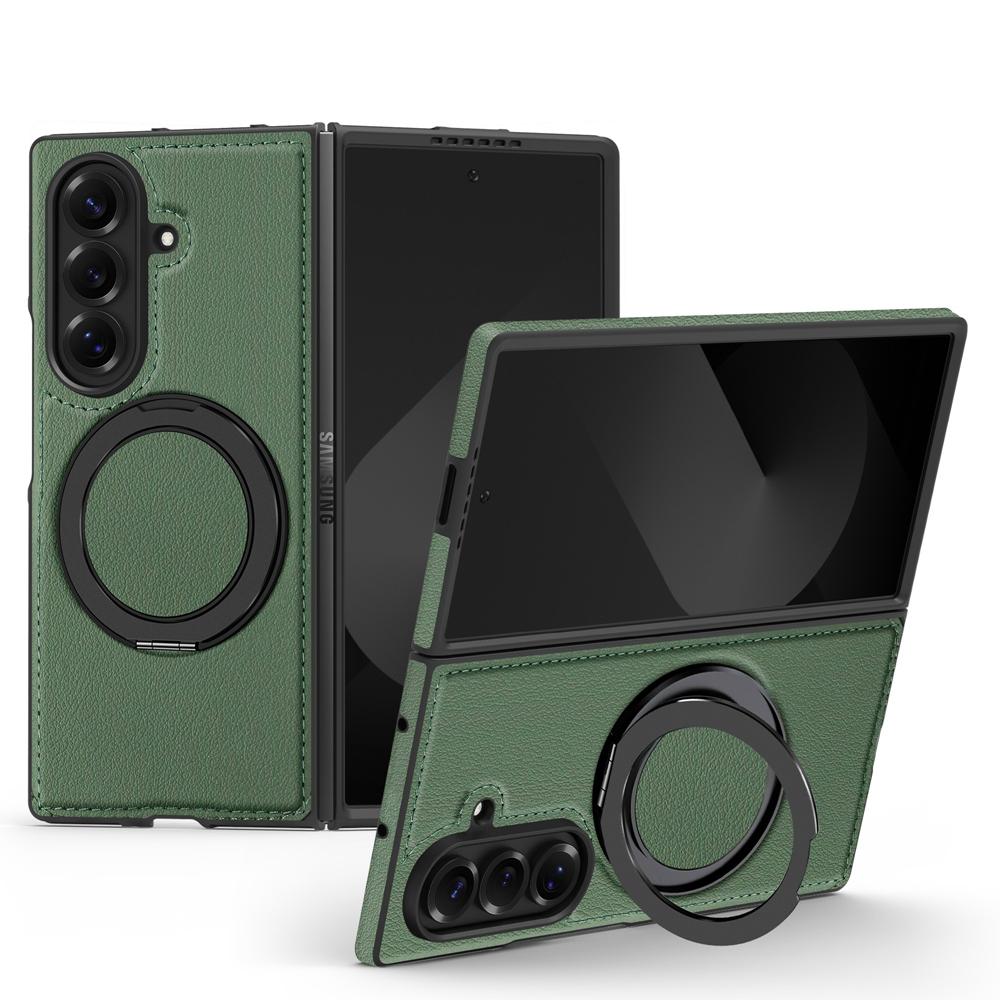 KEYSION 360° Rotating Magnetic Ring Stand PU Leather Case for MagSafe for Samsung Z Fold 7 5G Wireless Charging Phone Back Cover