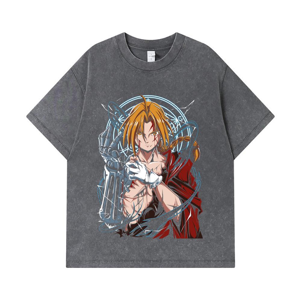 275 GSM Washed T-shirts 100% Cotton Fullmetal Alchemist V6 Edward Print Unisex Heavy Cotton T Shirt