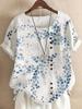 Plus Size Summer Female Cotton Linen Shirts Short Sleeve Vintage Floral Printed Long Loose Women's Blouses Casual Lady Tops