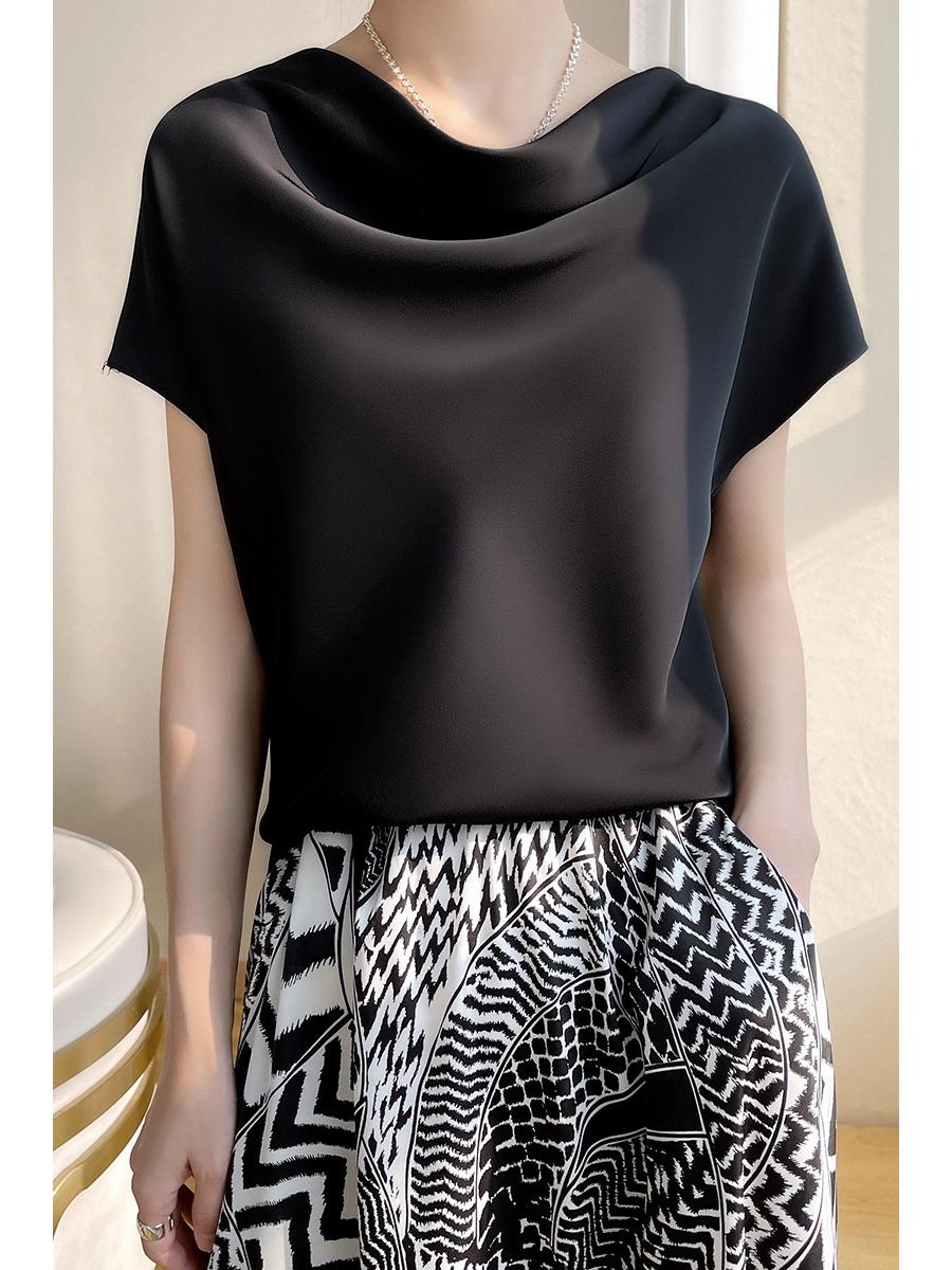 

Женская блузка из высококачественного сатина с коротким рукавом и драпированным вырезом лодочкой XL