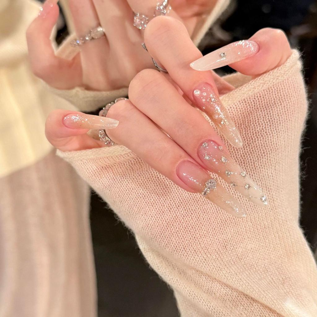 Ins Wind Full Zirconium Pure Hand-worn Nail Temperament Medium and Long High-end Diamond Ring Nail Art Fake Nail Patch