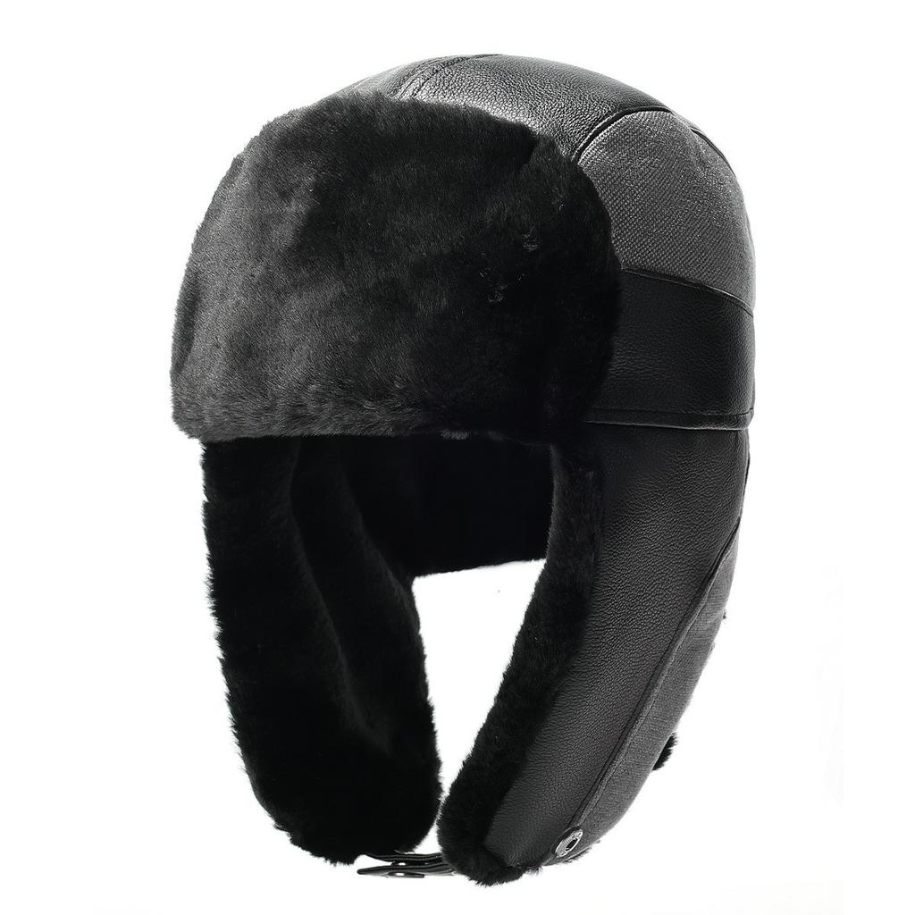 Winter PU Trapper Hat Outdoor Windproof Ski Cap Ear Flap Protection Thickened Fleece Lined Warm Hat