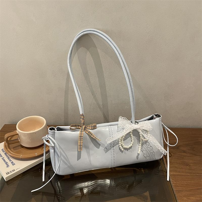 Simple Solid Color Pu Shoulder Bags for Women Sweet Bow Thread Design Ladies Underarm Bag Casual Versatile Female Pillow Handbag