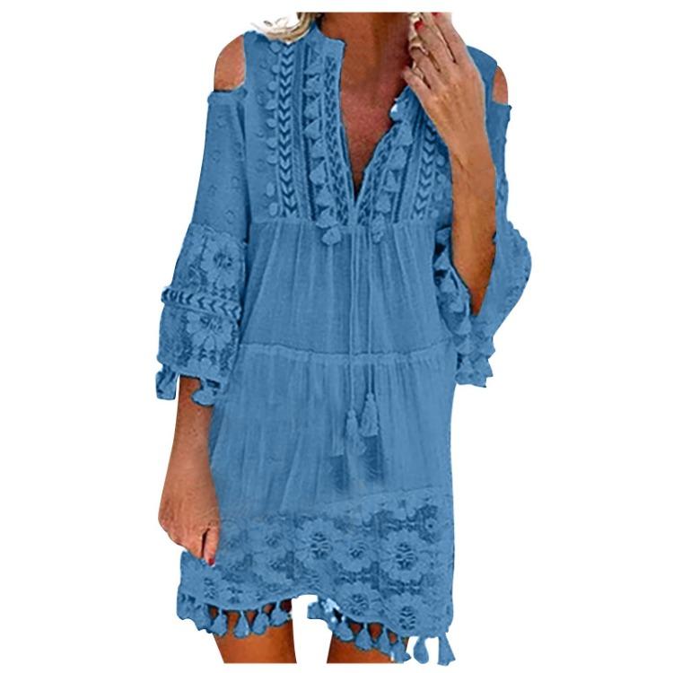 Boho Lace Mini Dress Women Fashion V Neck Three Quarter Sleeve Tassel Dress