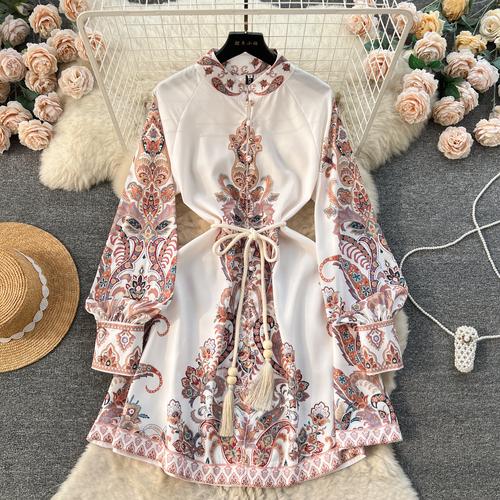 

Весеннее короткое платье с цветочным принтом для женщин, длинный рукав-фонарик, воротник-стойка, подол, дворец, хлопковое женское платье с рюшами и пейсли, новинка 2024 года S бежевый