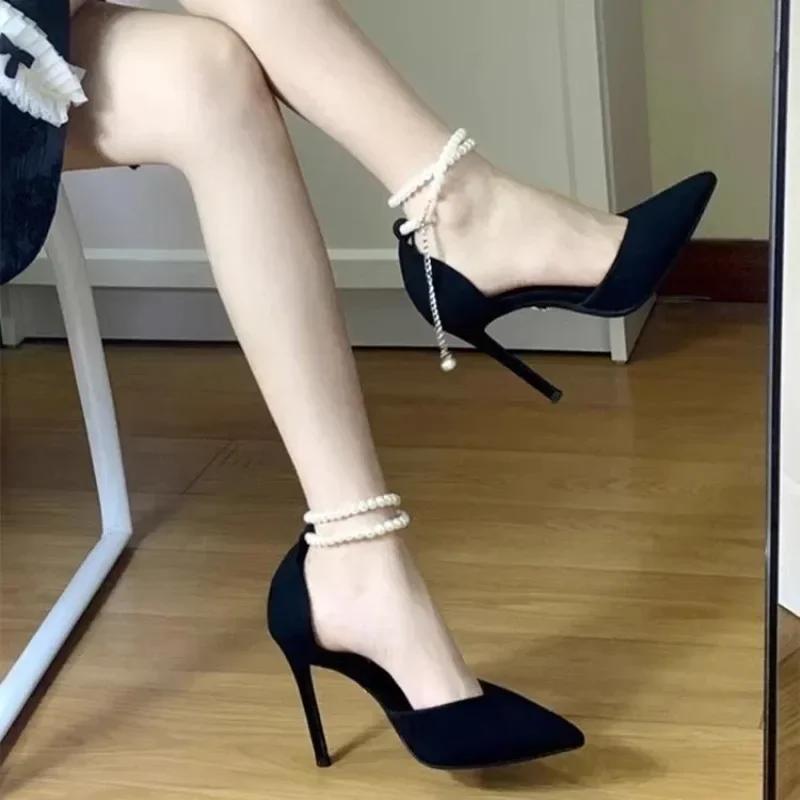 

fashion Black High Heels 2024 New Pumps Stiletto Pointed Toe Pearl Anklets High-end Shoes Fashionable Comfortable Women s Shoes