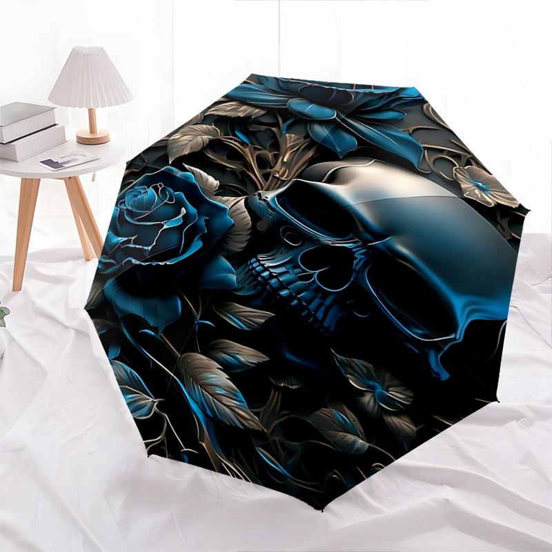 Skull Roses Themed Automatic Opening and Closing Umbrella, Brightly Colored 8-rib Portable Umbrella, Suitable for Men and Women, A Perfect G