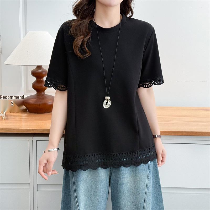 2026 Plus Size Lace Hem Short Sleeve Women's T-shirt - Fat Girl Pullover Top