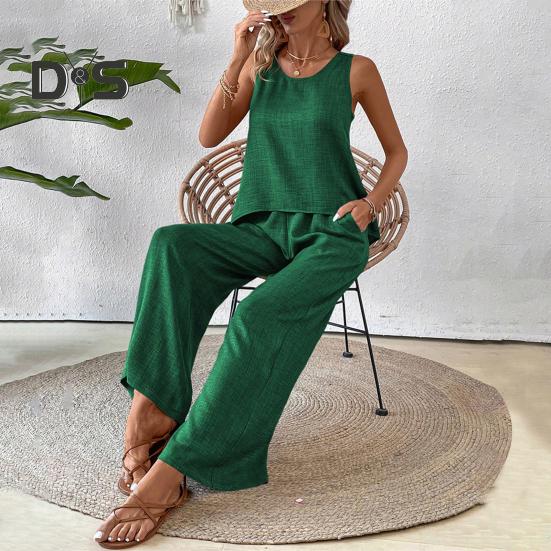 Zweiteiliges Lounge-Set für Damen, ärmellos, mit hohlem Rücken, Oberteil und weitem Bein, Hosen-Set, lässige Urlaubs- und Reise-Outfits