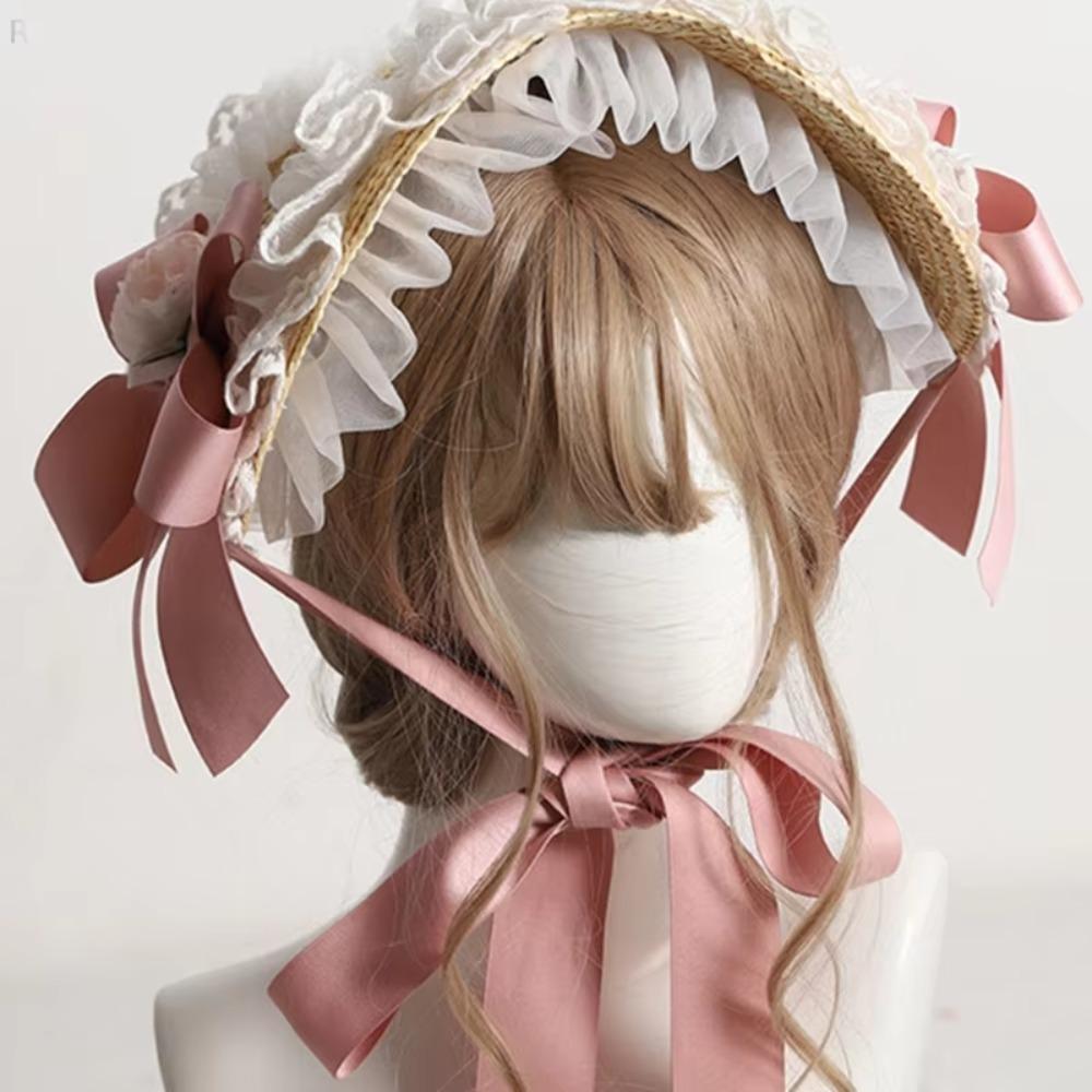 Ruffle Lace Beach Hat Flat Top Hat  for Elegant Tea Party Princess Beach Outdoor Travel