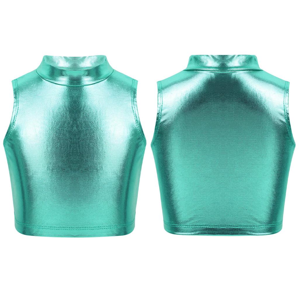 Girls Shiny Metallic Crop Tank Top Ballet Dance Jazz Hip Hop Performance Costumes
