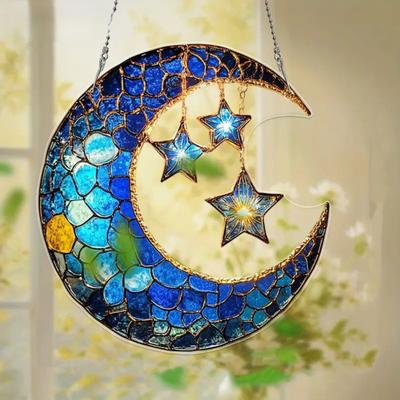 Maan Suncatcher Hangende Decoratie Maan Ster Lantaarn Gebrandschilderd Glas 2D Plat Acryl