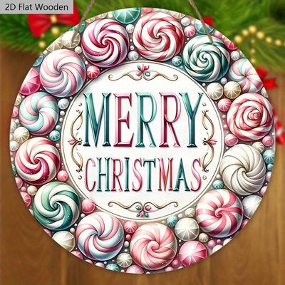 Pink Christmas Wooden Sign - Merry Christmas Round Sign for Front Door, Wall Hanging Decor - Ideal Christmas Ornament