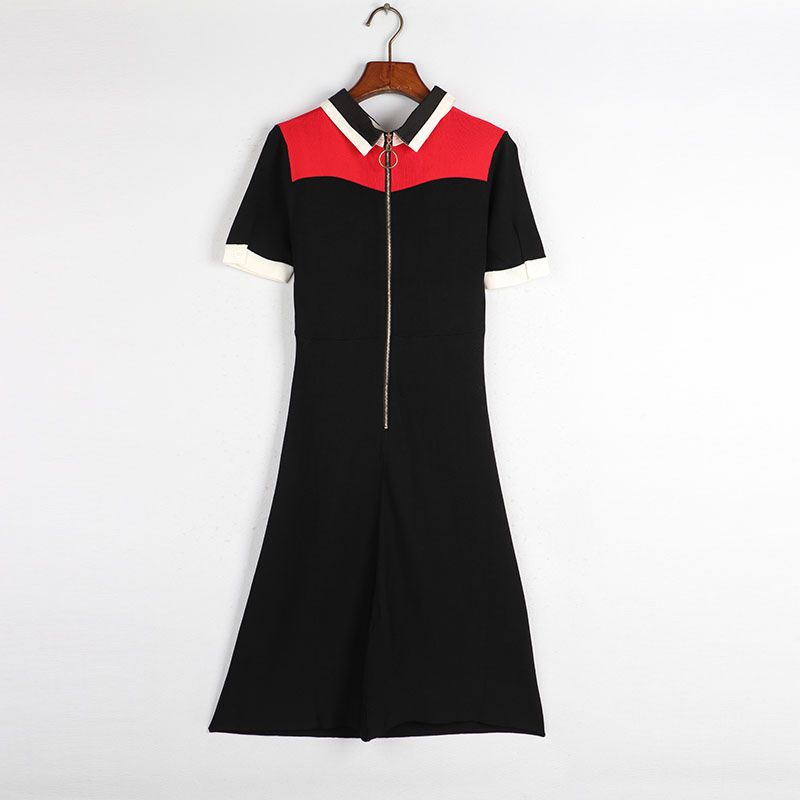 Sunshine House Summer New Arrival K-style Women's Lapel Color Matching Short Sleeve Zipper Knitting Dress A- line Skirt