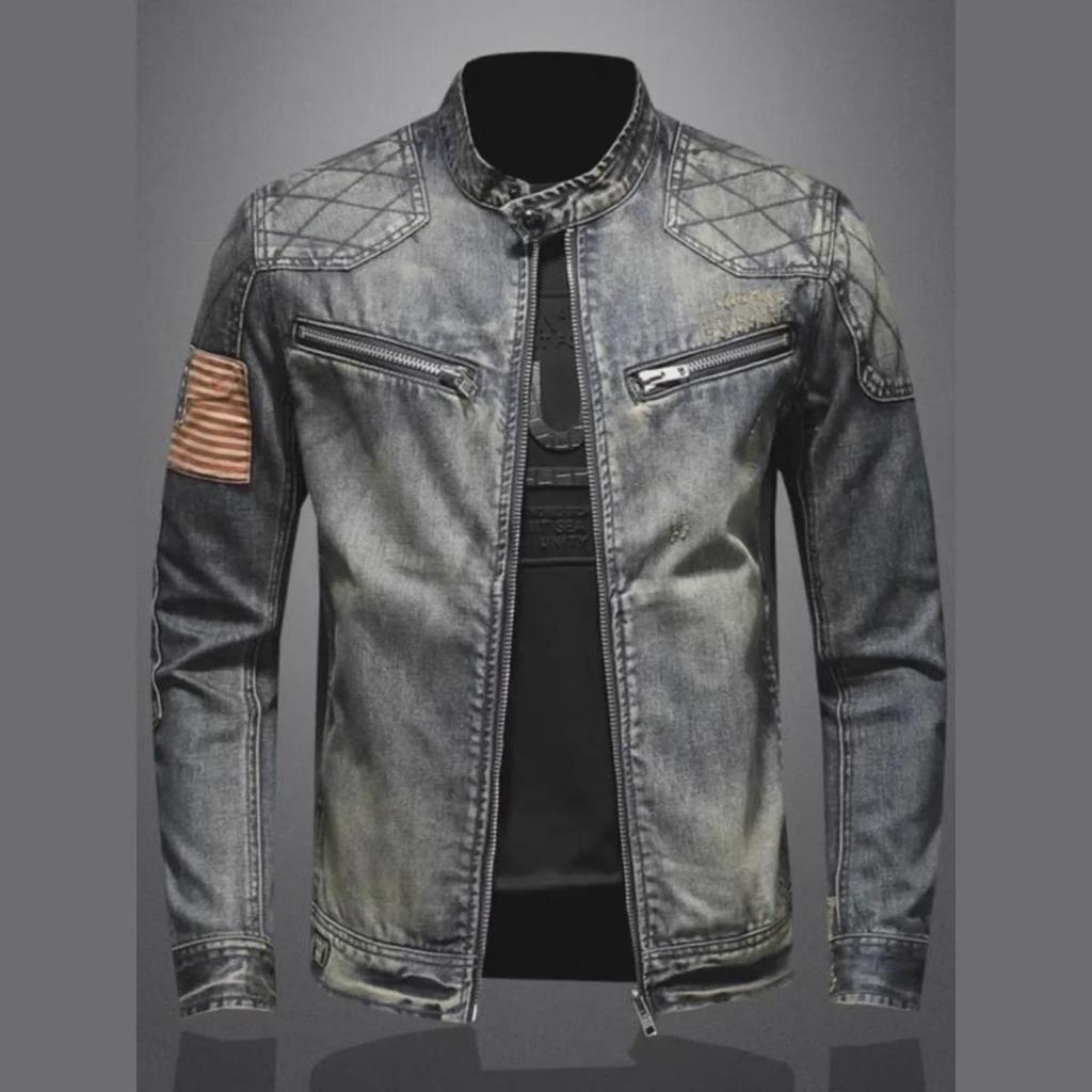 Pánská retro džínová bunda na motorku s límečkem - evropský a americký pouliční styl na podzim/zimu.