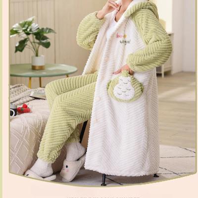 Thickened Warm Winter Flannel Ladies Pajamas Robe Top and Pants Padded Nightwear Cartoon Bear Women's Sleepwear Long Bathrobe