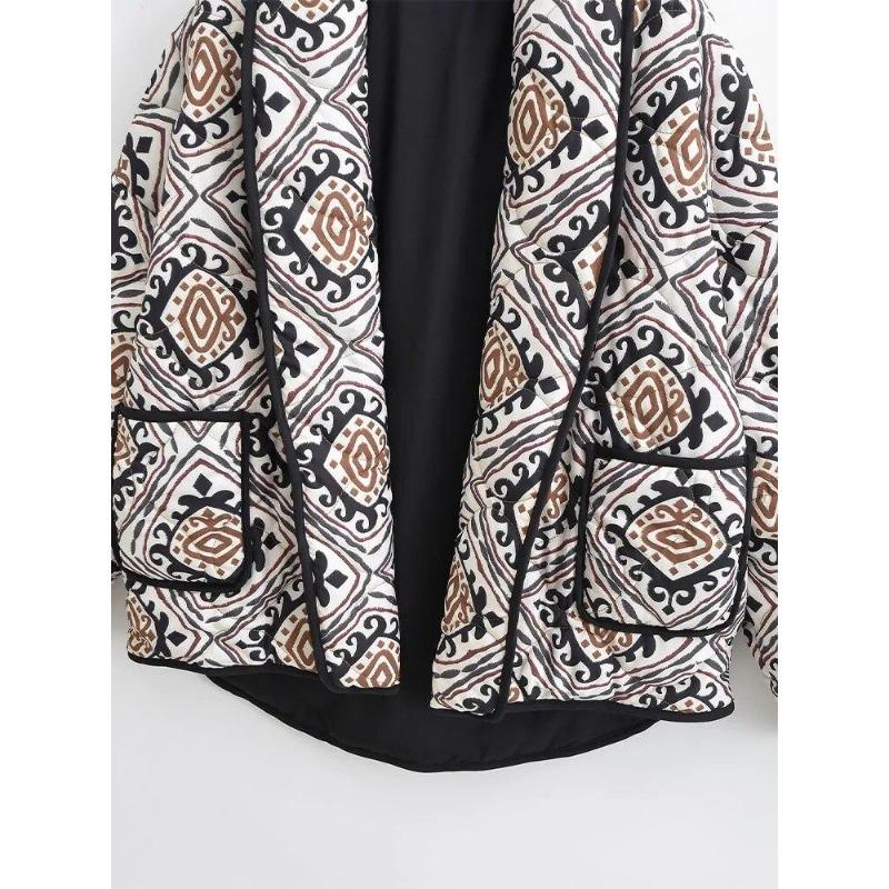 Lapel Printed Short Jacket Women Long Sleeve Warm Pocket Cardigan Coat Thick Autumn Winter Female Street Outwear
